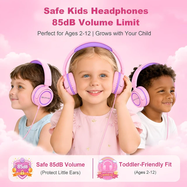 Alt view image 2 of 7 - Kids Headphones, V1 Wired Stereo Foldable Tangle-Free 3.5mm Adjustable On-Ear Headphones for Kids for School/Toddlers/Childrens/Teens/Boys/Girls/Ipad/Tablet/Kindle/Phones/Travel/Plane (Pink)