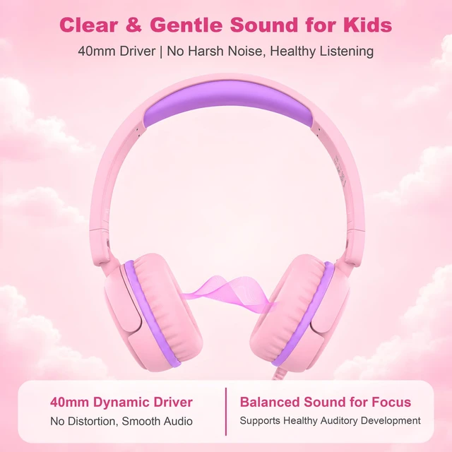 Alt view image 3 of 7 - Kids Headphones, V1 Wired Stereo Foldable Tangle-Free 3.5mm Adjustable On-Ear Headphones for Kids for School/Toddlers/Childrens/Teens/Boys/Girls/Ipad/Tablet/Kindle/Phones/Travel/Plane (Pink)