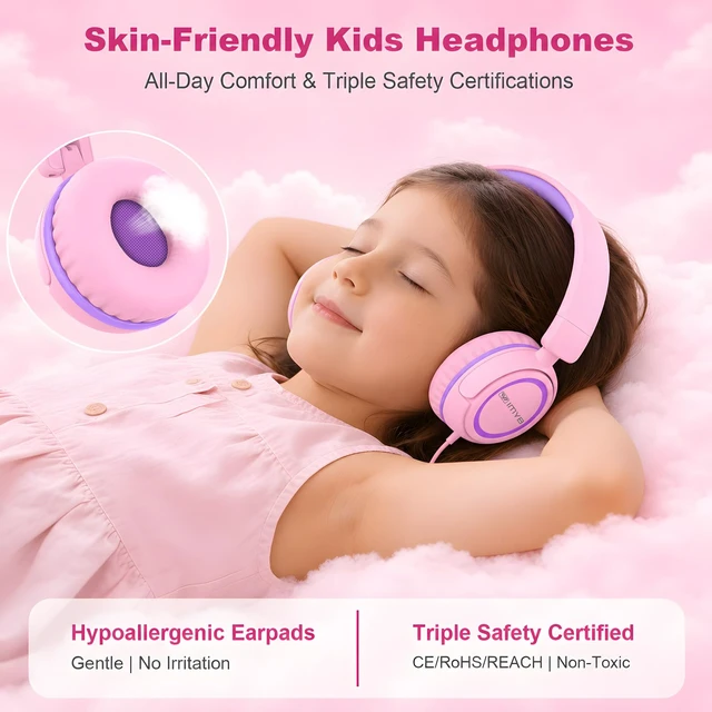 Alt view image 4 of 7 - Kids Headphones, V1 Wired Stereo Foldable Tangle-Free 3.5mm Adjustable On-Ear Headphones for Kids for School/Toddlers/Childrens/Teens/Boys/Girls/Ipad/Tablet/Kindle/Phones/Travel/Plane (Pink)