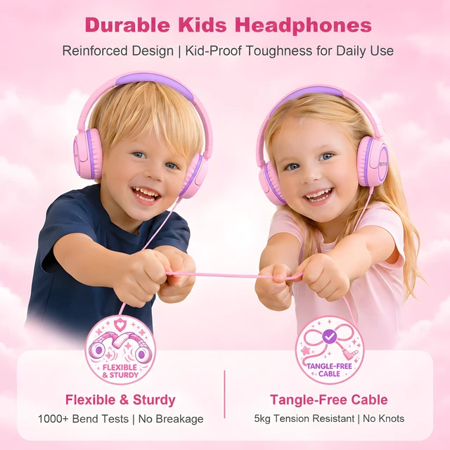 Alt view image 5 of 7 - Kids Headphones, V1 Wired Stereo Foldable Tangle-Free 3.5mm Adjustable On-Ear Headphones for Kids for School/Toddlers/Childrens/Teens/Boys/Girls/Ipad/Tablet/Kindle/Phones/Travel/Plane (Pink)