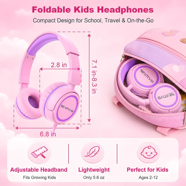 Alt view image 6 of 7 - Kids Headphones, V1 Wired Stereo Foldable Tangle-Free 3.5mm Adjustable On-Ear Headphones for Kids for School/Toddlers/Childrens/Teens/Boys/Girls/Ipad/Tablet/Kindle/Phones/Travel/Plane (Pink)