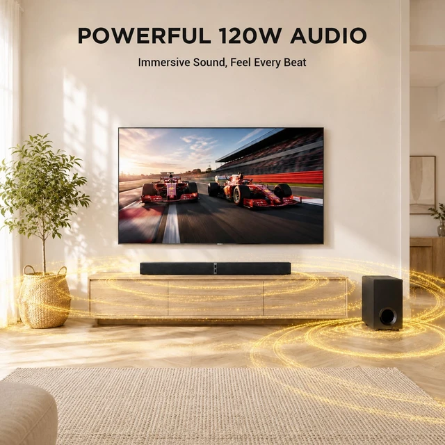 Alt view image 3 of 7 - Sound Bar with Subwoofer,120W Sound Bar Bluetooth 5.3 Soundbar Surround Sound System, Detachable Home Theater Speaker with ARC/Optical/AUX Connection, Remote Control for TV/PC/Projector