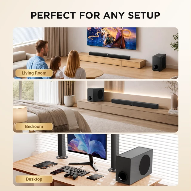 Alt view image 4 of 7 - Sound Bar with Subwoofer,120W Sound Bar Bluetooth 5.3 Soundbar Surround Sound System, Detachable Home Theater Speaker with ARC/Optical/AUX Connection, Remote Control for TV/PC/Projector