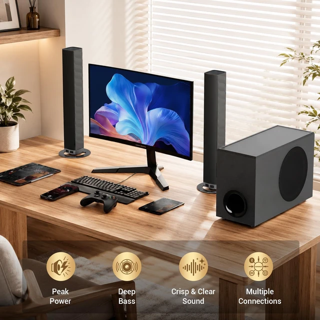Alt view image 5 of 7 - Sound Bar with Subwoofer,120W Sound Bar Bluetooth 5.3 Soundbar Surround Sound System, Detachable Home Theater Speaker with ARC/Optical/AUX Connection, Remote Control for TV/PC/Projector