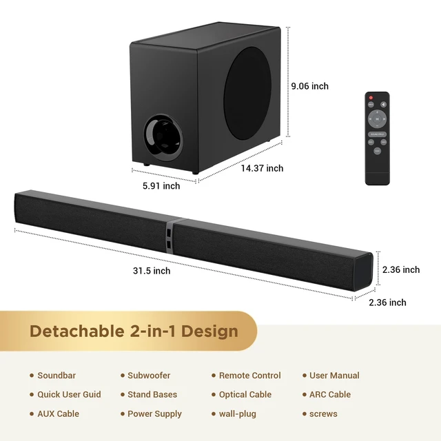 Alt view image 6 of 7 - Sound Bar with Subwoofer,120W Sound Bar Bluetooth 5.3 Soundbar Surround Sound System, Detachable Home Theater Speaker with ARC/Optical/AUX Connection, Remote Control for TV/PC/Projector