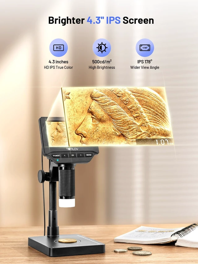 Alt view image 5 of 7 - DM4W Microscope with Weighing Scale: 4.3" Digital Coin Magnifier Error Coin Microscopes with Lights, 8" Tall Stand, IPS Screen For Coin Collectors, Jewelers, Students, Win/Mac Compatible