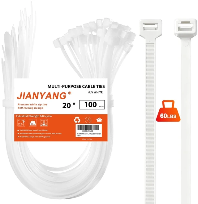 Main image of 20 Inch White Long Zip Ties,60 LBS Tensile Strength Heavy Duty Large Cable Wire Ties With Self-Locking Adjustable More Durable Nylon Tie Wraps for Indoor Outdoor100 Pack