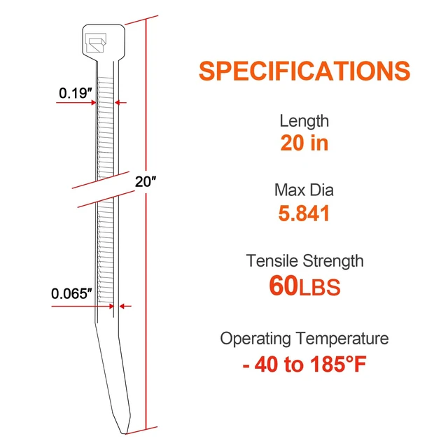 Alt view image 2 of 7 - 20 Inch White Long Zip Ties,60 LBS Tensile Strength Heavy Duty Large Cable Wire Ties With Self-Locking Adjustable More Durable Nylon Tie Wraps for Indoor Outdoor100 Pack