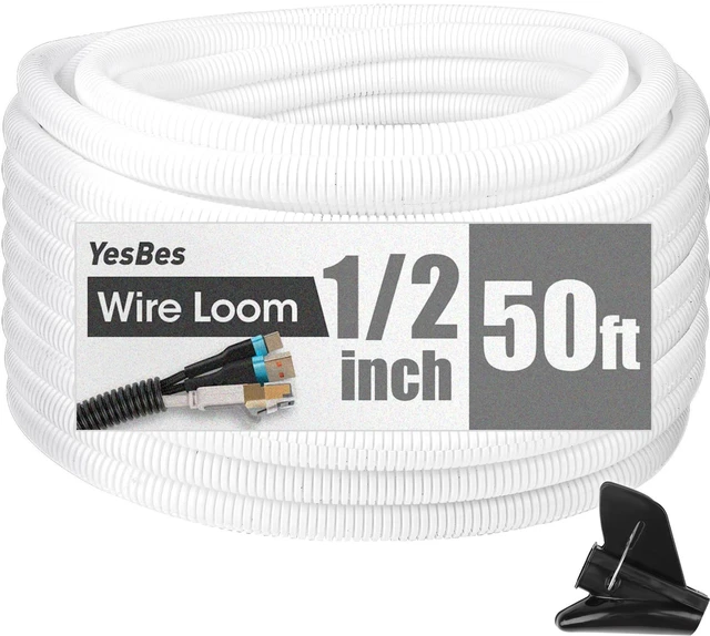 Main image of 50 FT Wire Loom 1/2 Inch, Split Wire Loom Tubing Wire Conduit with Installation Tool, Flexible Wire Protector Tubing White
