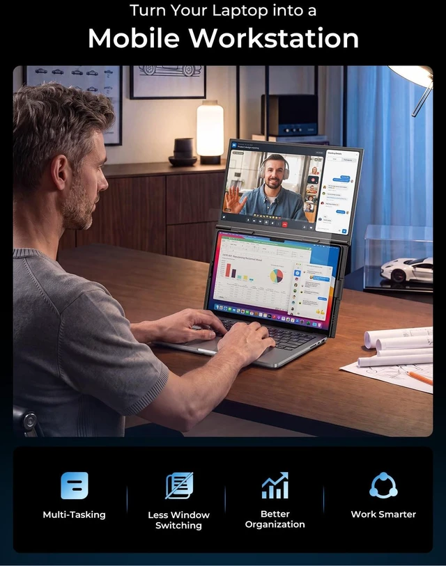 Alt view image 2 of 7 - Laptop Screen Extender 15.6" FHD 1080P IPS Portable Monitor Above Laptop Ultra-Thin Aluminum Alloy Build, Clamp-On Design, USB-C One-Cable Setup, Extend & Mirror Modes for Work, Study & Travel