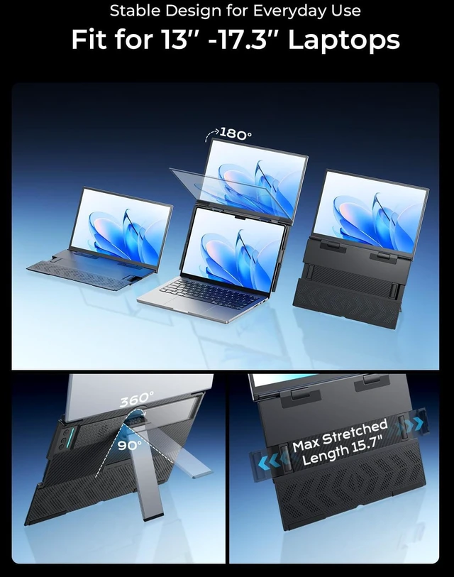 Alt view image 5 of 7 - Laptop Screen Extender 15.6" FHD 1080P IPS Portable Monitor Above Laptop Ultra-Thin Aluminum Alloy Build, Clamp-On Design, USB-C One-Cable Setup, Extend & Mirror Modes for Work, Study & Travel
