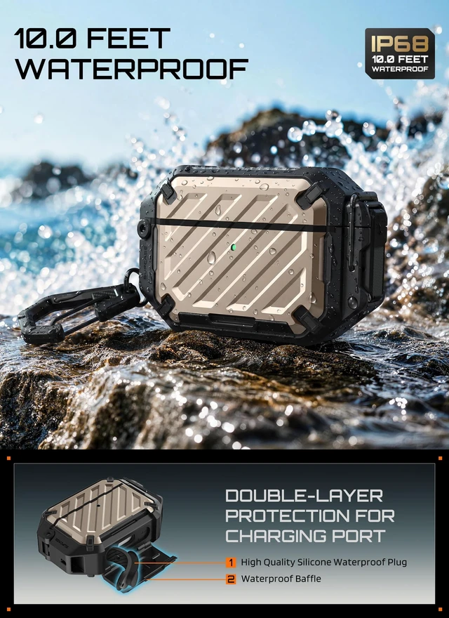 Alt view image 3 of 7 - for AirPods Pro 3 Case with IP68 Waterproof, Lock &Carabiner,Desert Compatible with MagSafe, Military-Grade Protection, Anti-Scratch Hard Shell Cover for AirPods Pro 3rd Generation 2025, UB Pro