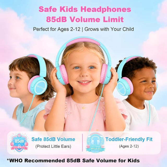 Alt view image 2 of 7 - V1 Kids Headphones, Wired Stereo Foldable Tangle-Free 3.5mm Adjustable On-Ear Headphones for Kids for School/Toddlers/Childrens/Teens/Boys/Girls/Ipad/Tablet/Kindle/Phones/Travel/Plane (Cyan)