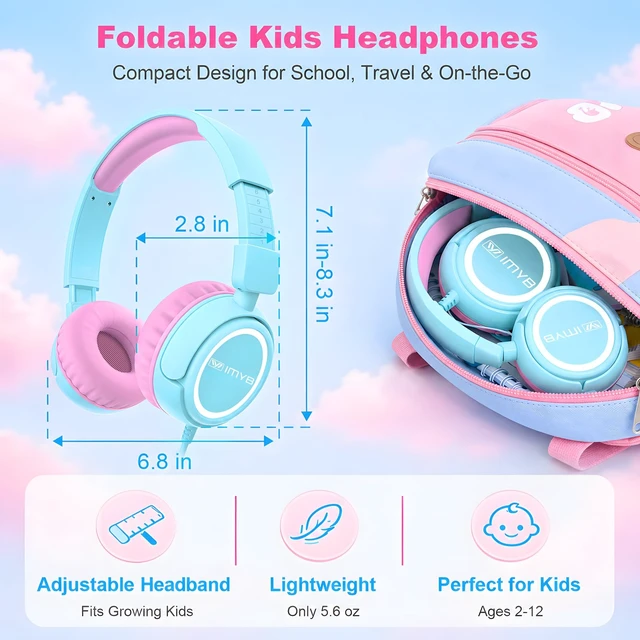 Alt view image 6 of 7 - V1 Kids Headphones, Wired Stereo Foldable Tangle-Free 3.5mm Adjustable On-Ear Headphones for Kids for School/Toddlers/Childrens/Teens/Boys/Girls/Ipad/Tablet/Kindle/Phones/Travel/Plane (Cyan)