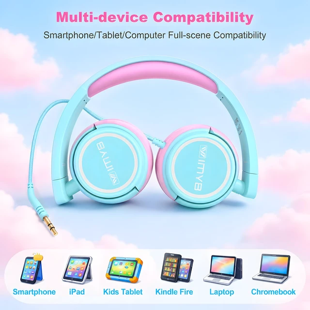 Alt view image 7 of 7 - V1 Kids Headphones, Wired Stereo Foldable Tangle-Free 3.5mm Adjustable On-Ear Headphones for Kids for School/Toddlers/Childrens/Teens/Boys/Girls/Ipad/Tablet/Kindle/Phones/Travel/Plane (Cyan)