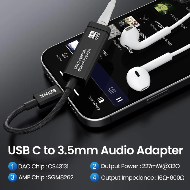 Alt view image 6 of 7 - BA36 USB C DAC with CS43131+SGM8262 HiFi Chip Headphone Amplifier USB C to 3.5mm Audio Adapter with Powerful 227mW@32 Output, Hi-Res Portable DAC Dongle for iOS Android Windows Mac
