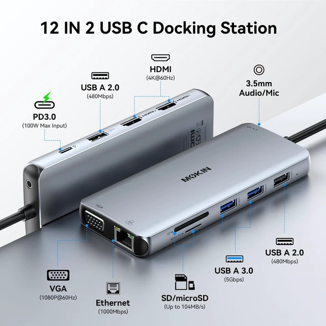 Alt view image 2 of 7 - MacBook Pro Docking Station for Dual Monitor, 12 in 2 HDMI Adapter Dockingstation for MacBook Pro/Air, MacBook Adapter, VGA, Ethernet, 4x USB, SD/microSD, 100W PD, Mac Dongle Dual HDMI