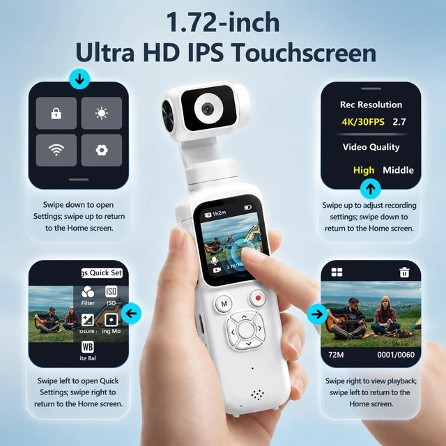 Alt view image 4 of 7 - 4K Vlogging Camera, Pocket Digital Camera, 330° Rotating Lens Auto subject framing and WiFi sharing for YouTube, TikTok and travel, includes 16GB card, mini tripod and carrying bag