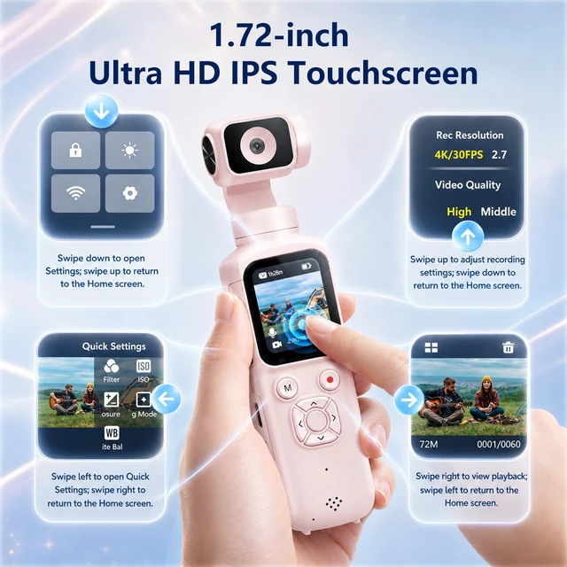 Alt view image 4 of 7 - 4K Vlogging Camera, Pocket Digital Camera, 330° Rotating Lens Auto subject framing and WiFi sharing for YouTube, TikTok and travel, includes 16GB card, mini tripod and carrying bag