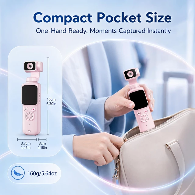 Alt view image 6 of 7 - 4K Vlogging Camera, Pocket Digital Camera, 330° Rotating Lens Auto subject framing and WiFi sharing for YouTube, TikTok and travel, includes 16GB card, mini tripod and carrying bag