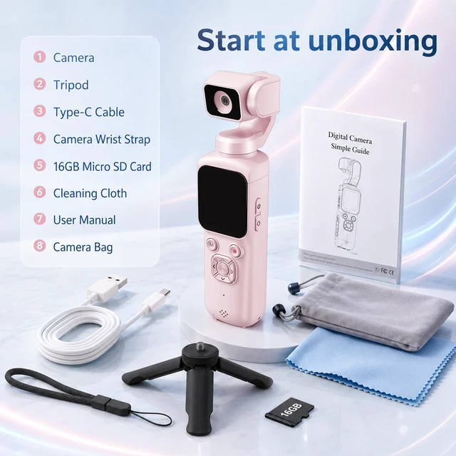 Alt view image 7 of 7 - 4K Vlogging Camera, Pocket Digital Camera, 330° Rotating Lens Auto subject framing and WiFi sharing for YouTube, TikTok and travel, includes 16GB card, mini tripod and carrying bag