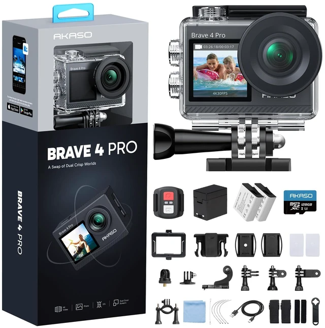 Main image of Brave 4 Pro Action Camera 4K with 128GB MicroSD U3 Card Bundle 131FT Underwater Waterproof Camera 20MP EIS Touch Screen WiFi 5X Zoom with 2x1350mAh Batteries and Helmet Accessories Kit