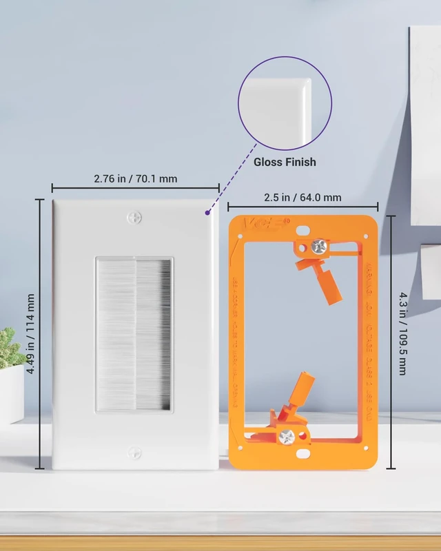 Alt view image 2 of 7 - Brush Wall Plate with Low Voltage Box, Decorator Wall Cover with Low Voltage Mounting Bracket for Wall-Mount TV, Black, 3-Pack (White+Orange)