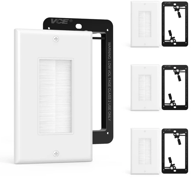 Main image of Brush Wall Plate Cable Pass Through with Bracket, White, 4-Pack Single Gang, Low Voltage Cables, Wall Mount TV, Decorator Cover, 4 White Brush Wall Plate, 4 Black Bracket