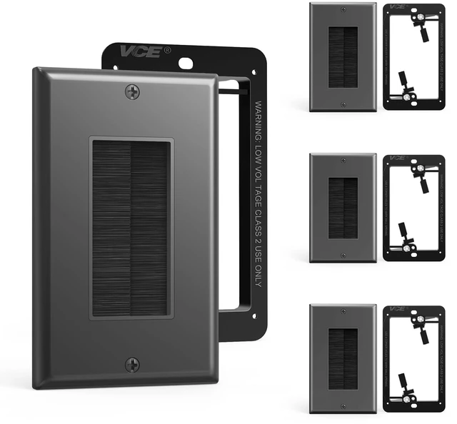 Main image of Brush Wall Plate Cable Pass Through with Bracket, Black, 4-Pack