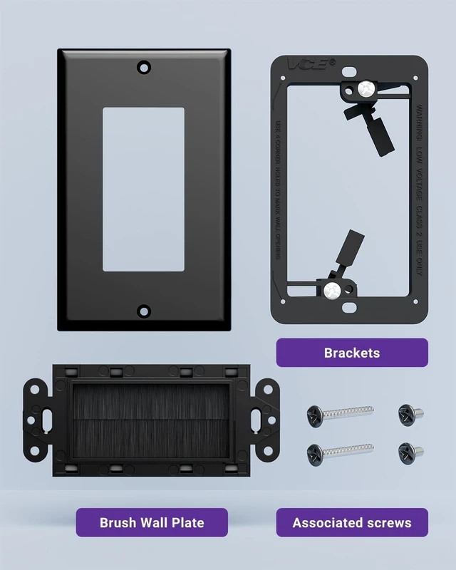 Alt view image 6 of 7 - Brush Wall Plate Cable Pass Through with Bracket, Black, 4-Pack