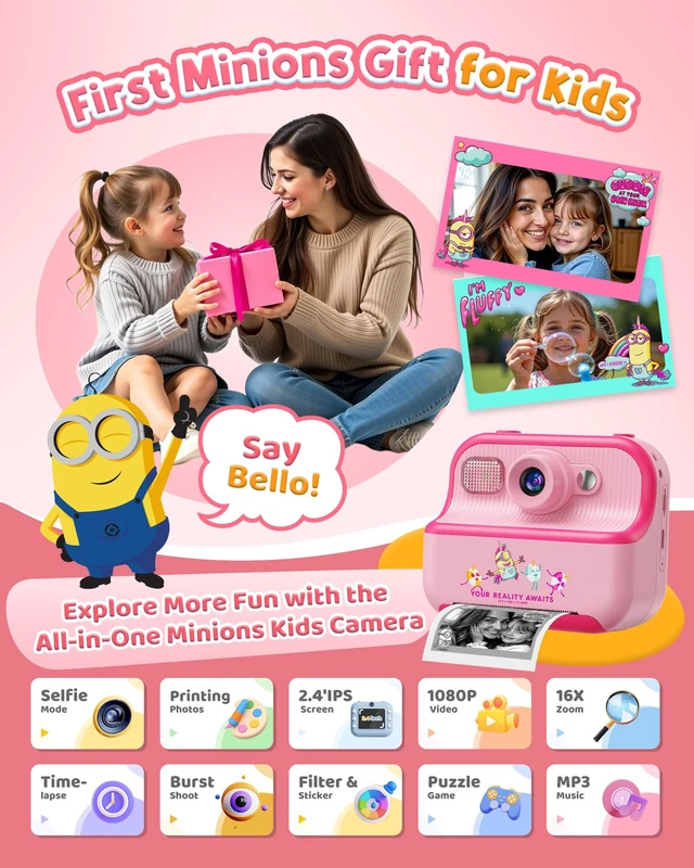 Alt view image 2 of 7 - Kids Instant Camera for Minions Fans, Despicable Me Toy with Front & Rear Dual Selfie Lens, 1080P Video, Portable Toddler Camera, Birthday Gift for Boys Girls Ages 3-12, Pink