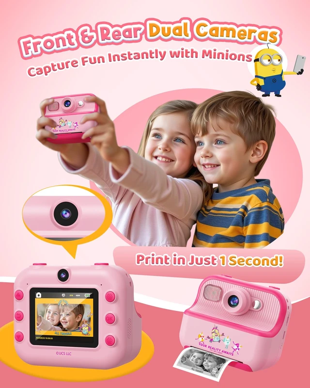 Alt view image 3 of 7 - Kids Instant Camera for Minions Fans, Despicable Me Toy with Front & Rear Dual Selfie Lens, 1080P Video, Portable Toddler Camera, Birthday Gift for Boys Girls Ages 3-12, Pink