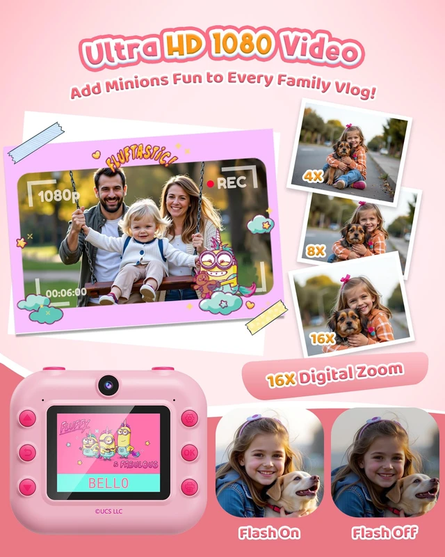 Alt view image 4 of 7 - Kids Instant Camera for Minions Fans, Despicable Me Toy with Front & Rear Dual Selfie Lens, 1080P Video, Portable Toddler Camera, Birthday Gift for Boys Girls Ages 3-12, Pink