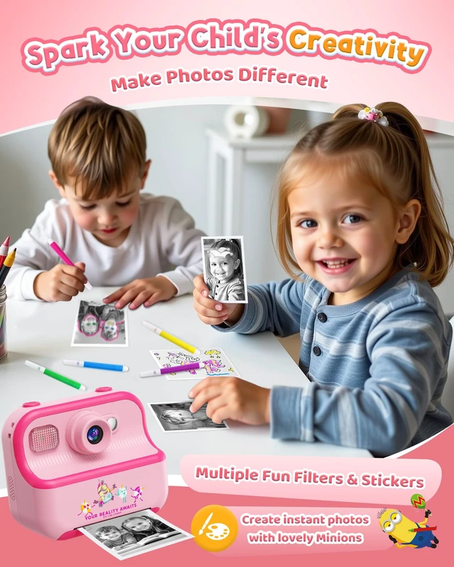 Alt view image 5 of 7 - Kids Instant Camera for Minions Fans, Despicable Me Toy with Front & Rear Dual Selfie Lens, 1080P Video, Portable Toddler Camera, Birthday Gift for Boys Girls Ages 3-12, Pink