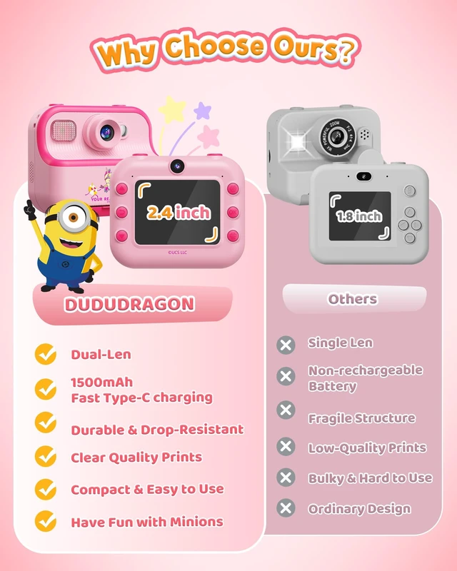 Alt view image 6 of 7 - Kids Instant Camera for Minions Fans, Despicable Me Toy with Front & Rear Dual Selfie Lens, 1080P Video, Portable Toddler Camera, Birthday Gift for Boys Girls Ages 3-12, Pink
