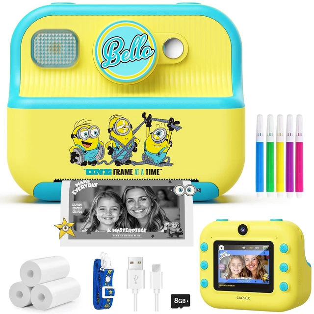 Main image of Kids Instant Camera, Minions Design Print Camera, Despicable Me Toy with Front & Rear Dual Selfie Lens, 1080P Video, Portable Toddler Camera, Birthday Gift for Boys Girls Ages 3-12, Yellow