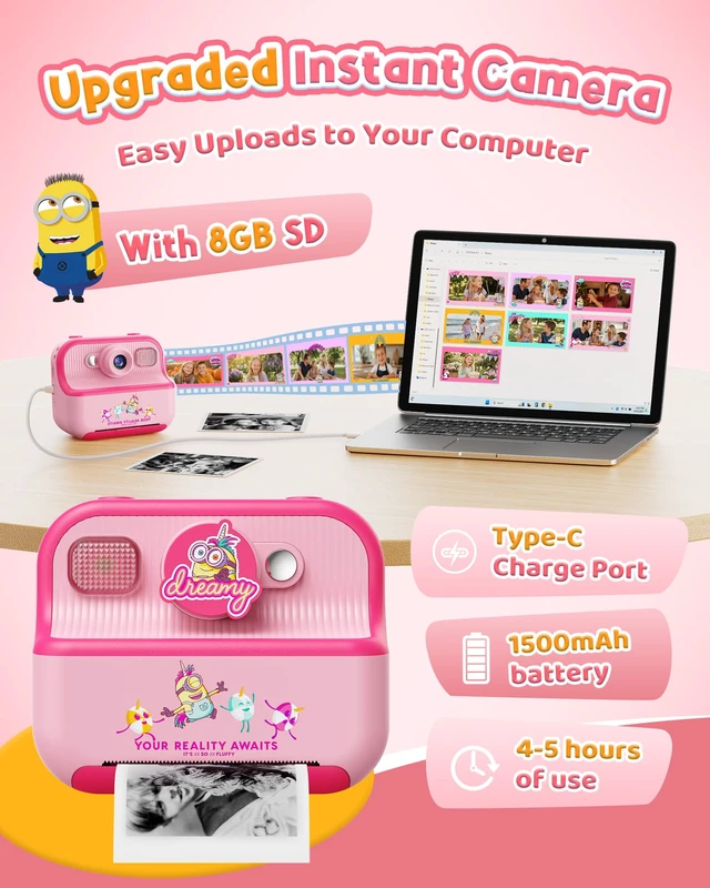 Alt view image 7 of 7 - Kids Instant Camera for Minions Fans, Despicable Me Toy with Front & Rear Dual Selfie Lens, 1080P Video, Portable Toddler Camera, Birthday Gift for Boys Girls Ages 3-12, Pink
