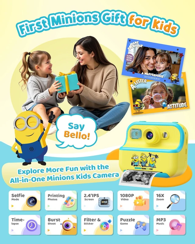 Alt view image 2 of 7 - Kids Instant Camera, Minions Design Print Camera, Despicable Me Toy with Front & Rear Dual Selfie Lens, 1080P Video, Portable Toddler Camera, Birthday Gift for Boys Girls Ages 3-12, Yellow