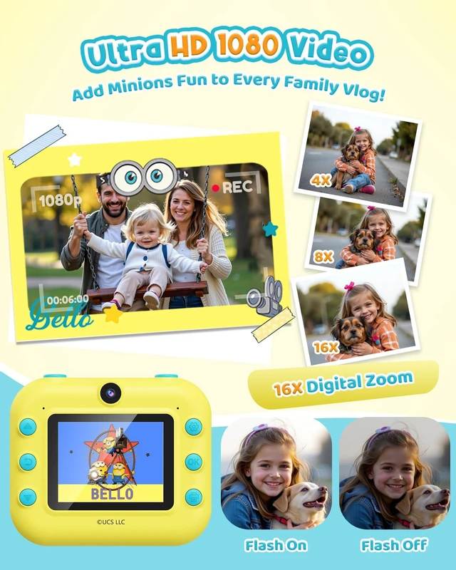Alt view image 4 of 7 - Kids Instant Camera, Minions Design Print Camera, Despicable Me Toy with Front & Rear Dual Selfie Lens, 1080P Video, Portable Toddler Camera, Birthday Gift for Boys Girls Ages 3-12, Yellow