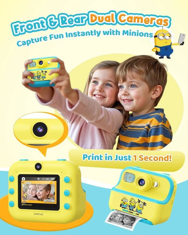 Alt view image 3 of 7 - Kids Instant Camera, Minions Design Print Camera, Despicable Me Toy with Front & Rear Dual Selfie Lens, 1080P Video, Portable Toddler Camera, Birthday Gift for Boys Girls Ages 3-12, Yellow