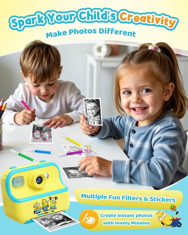 Alt view image 5 of 7 - Kids Instant Camera, Minions Design Print Camera, Despicable Me Toy with Front & Rear Dual Selfie Lens, 1080P Video, Portable Toddler Camera, Birthday Gift for Boys Girls Ages 3-12, Yellow
