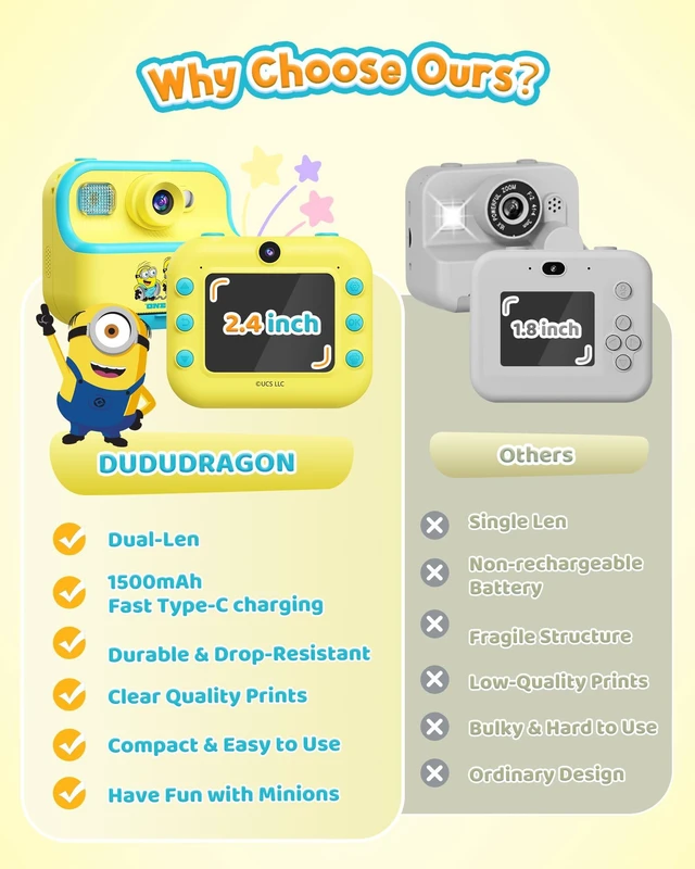 Alt view image 6 of 7 - Kids Instant Camera, Minions Design Print Camera, Despicable Me Toy with Front & Rear Dual Selfie Lens, 1080P Video, Portable Toddler Camera, Birthday Gift for Boys Girls Ages 3-12, Yellow