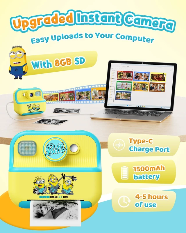 Alt view image 7 of 7 - Kids Instant Camera, Minions Design Print Camera, Despicable Me Toy with Front & Rear Dual Selfie Lens, 1080P Video, Portable Toddler Camera, Birthday Gift for Boys Girls Ages 3-12, Yellow