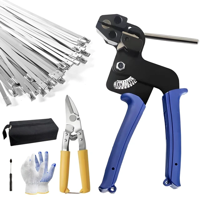 Main image of Heavy Duty Stainless Steel Zip Tie Gun Kit with 100pcs Self-Locking Metal Cable Ties, Duty Outdoor Adjustable Fastening Cutting Tie Tool Sets, Durable & Adjustable Tool Set (Blue)
