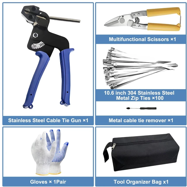 Alt view image 3 of 7 - Heavy Duty Stainless Steel Zip Tie Gun Kit with 100pcs Self-Locking Metal Cable Ties, Duty Outdoor Adjustable Fastening Cutting Tie Tool Sets, Durable & Adjustable Tool Set (Blue)