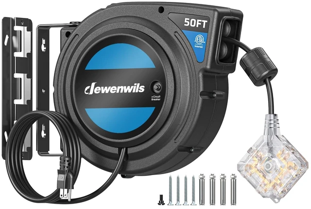 Main image of 50FT Retractable Extension Cord Reel, 6 Outlets,Integrated Switch 14/3AWG SJTOW, 180° Swivel Bracket Wall Mount, 13 Amp Circuit Breaker, ETL Listed