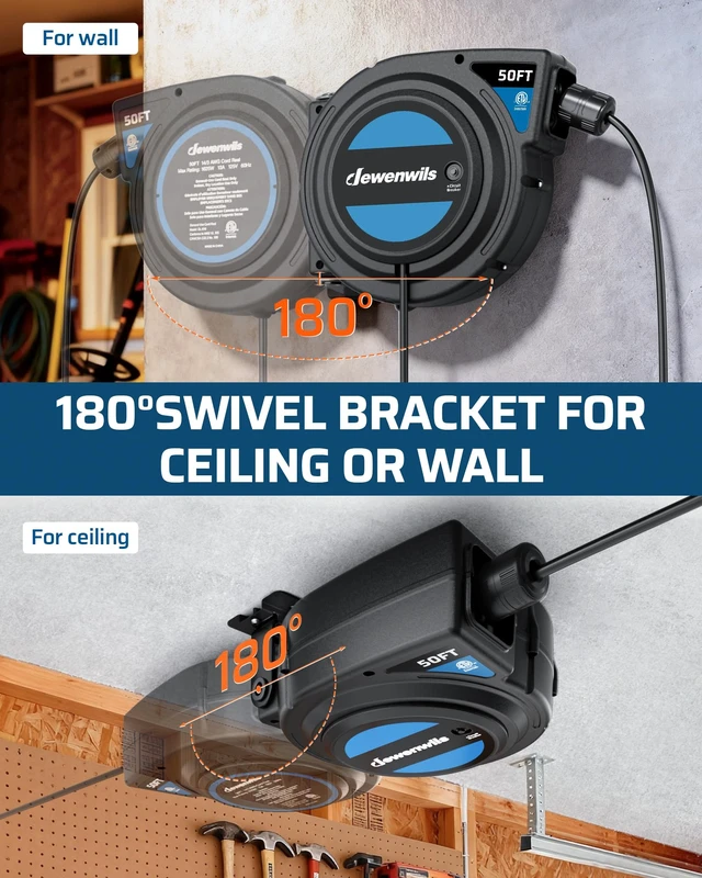 Alt view image 5 of 6 - 50FT Retractable Extension Cord Reel, 6 Outlets,Integrated Switch 14/3AWG SJTOW, 180° Swivel Bracket Wall Mount, 13 Amp Circuit Breaker, ETL Listed