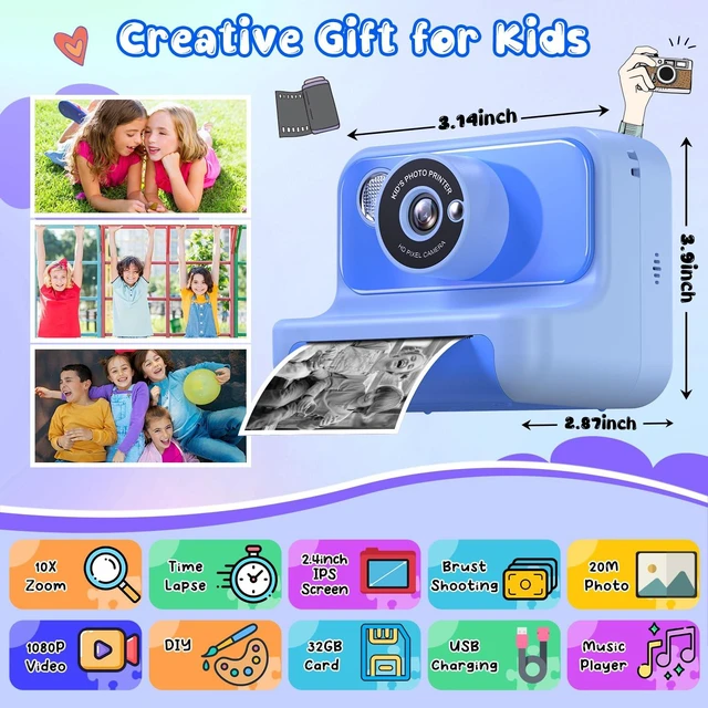 Alt view image 2 of 7 - Kids Camera Instant Print, Christmas Birthday Gifts for Girls and Boys Kids Camera with 32GB Card, Toddler Toy Camera for 3-12 Years Old, Blue