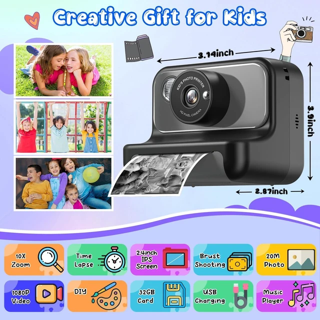 Alt view image 2 of 7 - Kids Camera Instant Print, Christmas Birthday Gifts for Girls and Boys Kids Camera 1080P HD Video Digital Camera, Toddler Toy for 3-12 Years Old, Black