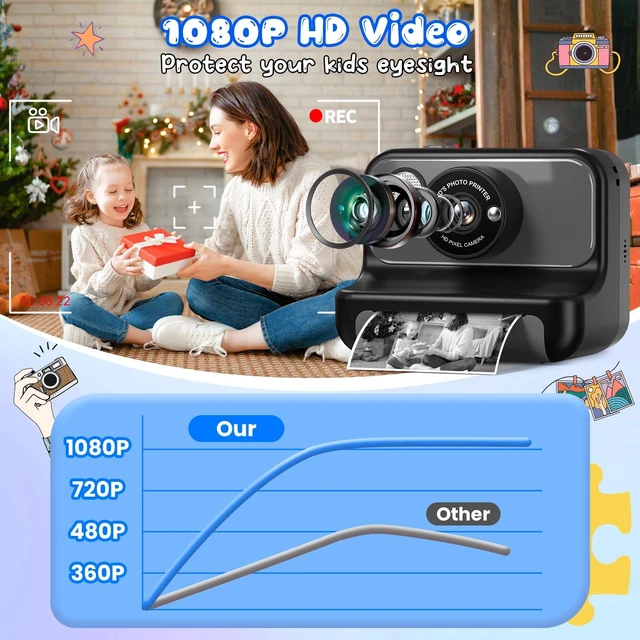 Alt view image 3 of 7 - Kids Camera Instant Print, Christmas Birthday Gifts for Girls and Boys Kids Camera 1080P HD Video Digital Camera, Toddler Toy for 3-12 Years Old, Black